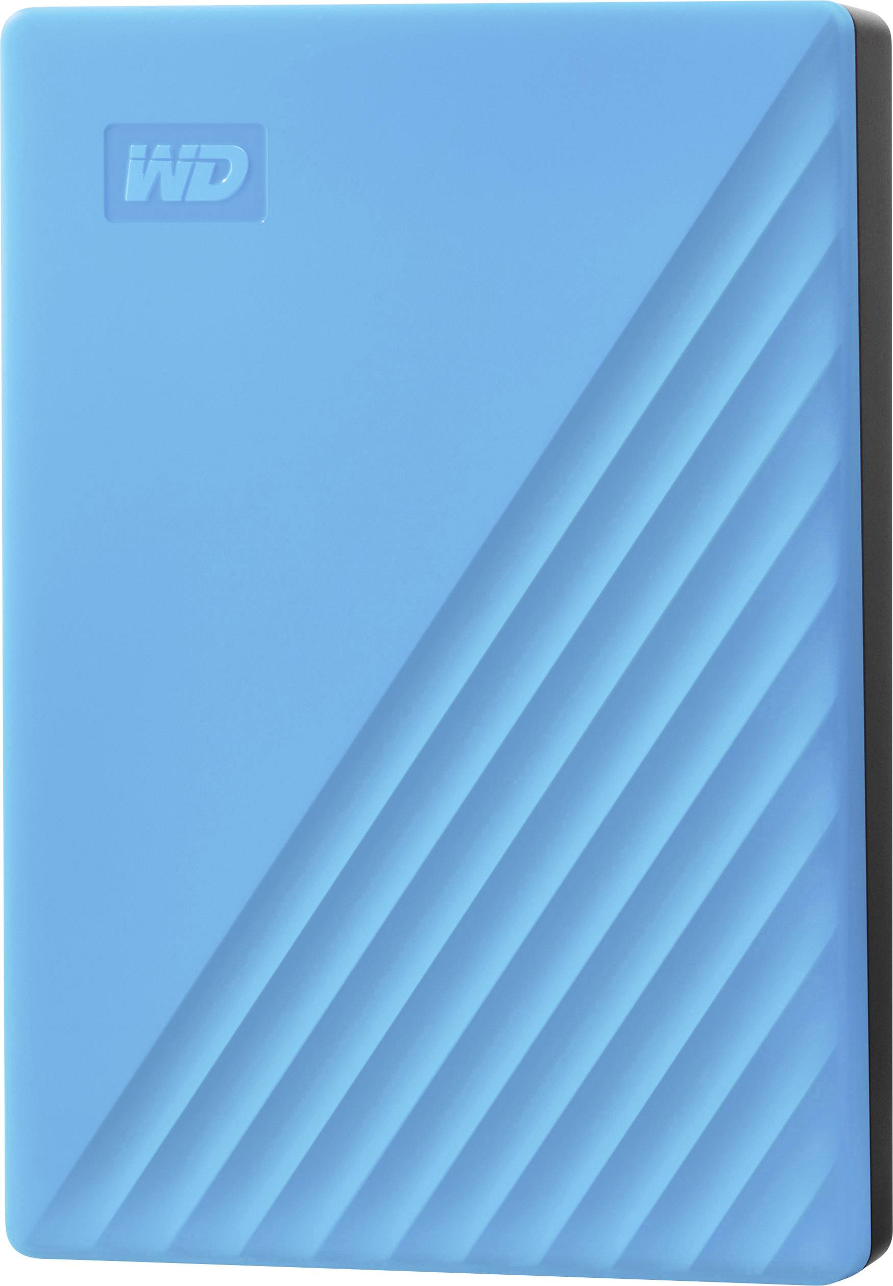 Externe blaue Festplatte mit einem geometrischen Muster auf der Oberfläche.