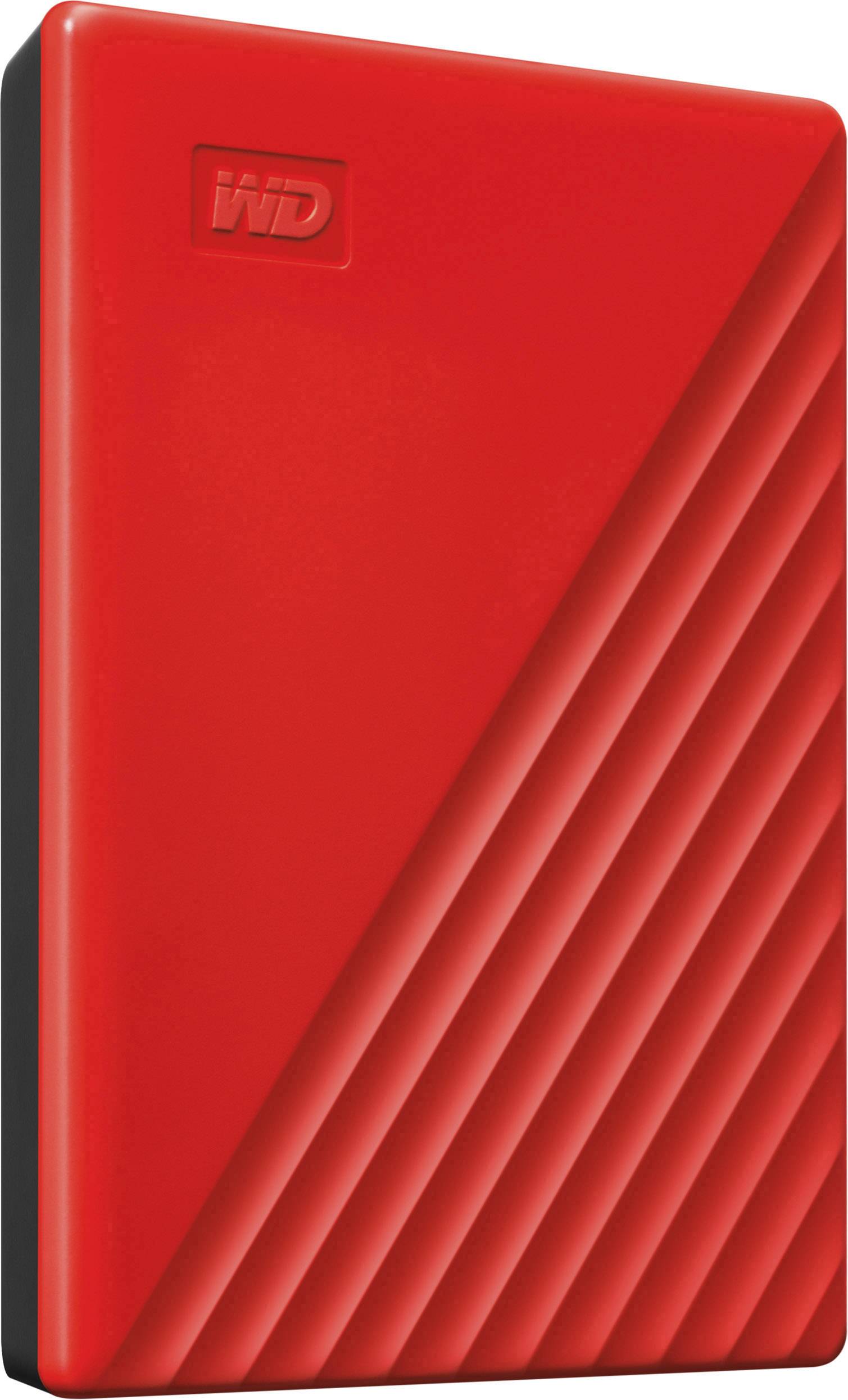 Rote externe Festplatte mit diagonalen Linien auf der Oberfläche und dem 'WD'-Logo oben links.