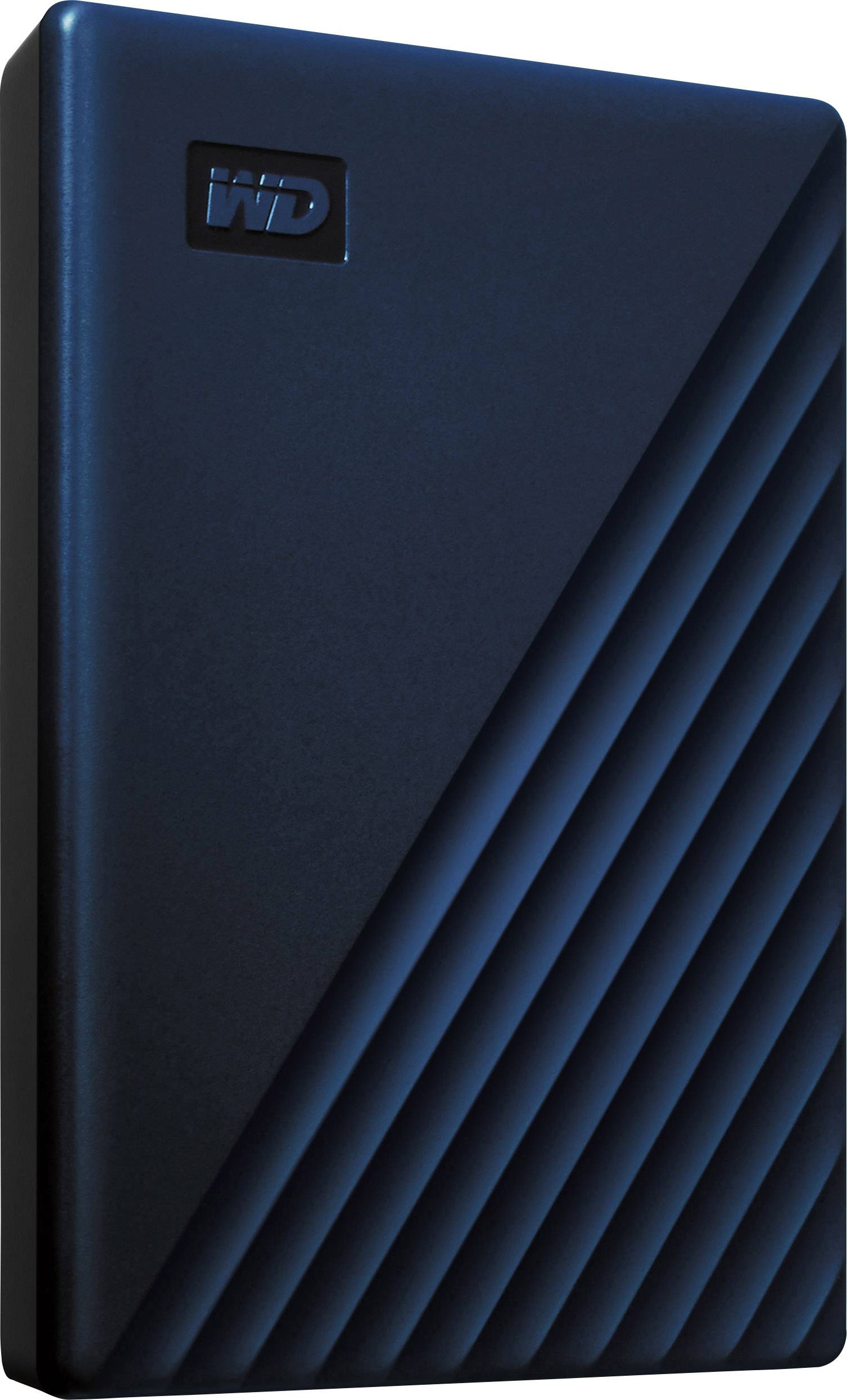 Externe Festplatte in dunkelblauer Farbe mit schrägen Linienmuster. Kompaktes Design, geeignet für Datenspeicherung.