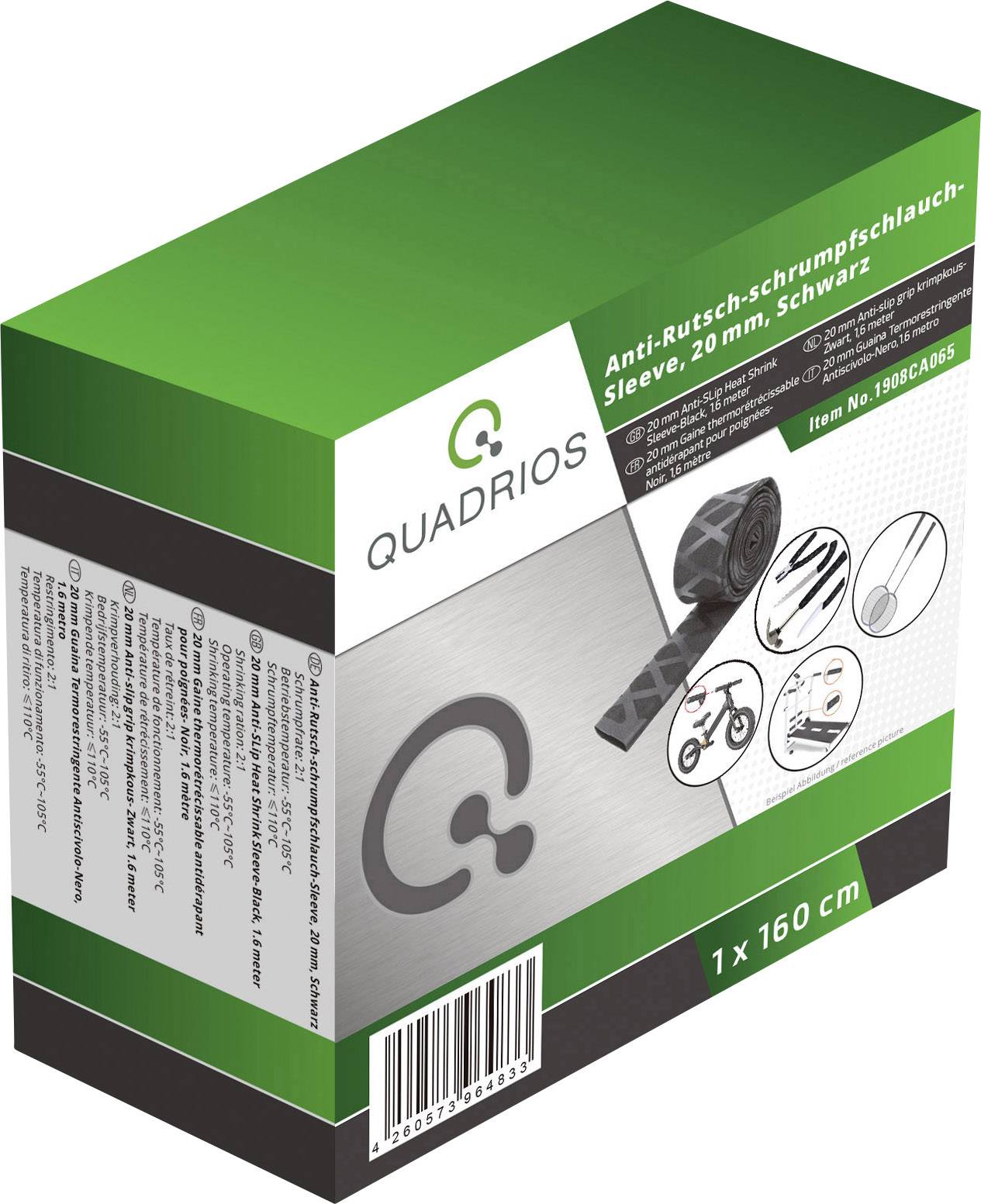 'Quadrio Anti-Rutsch-Schrumpfschlauch, 20 m, schwarz.' Verpackungsdesign mit Produktfoto und Anwendungsbeispielen.