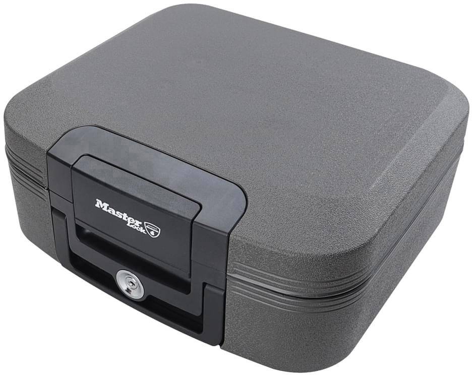 Ein grauer Sicherheitssafe mit Schloss, geeignet zur sicheren Aufbewahrung von Wertsachen.