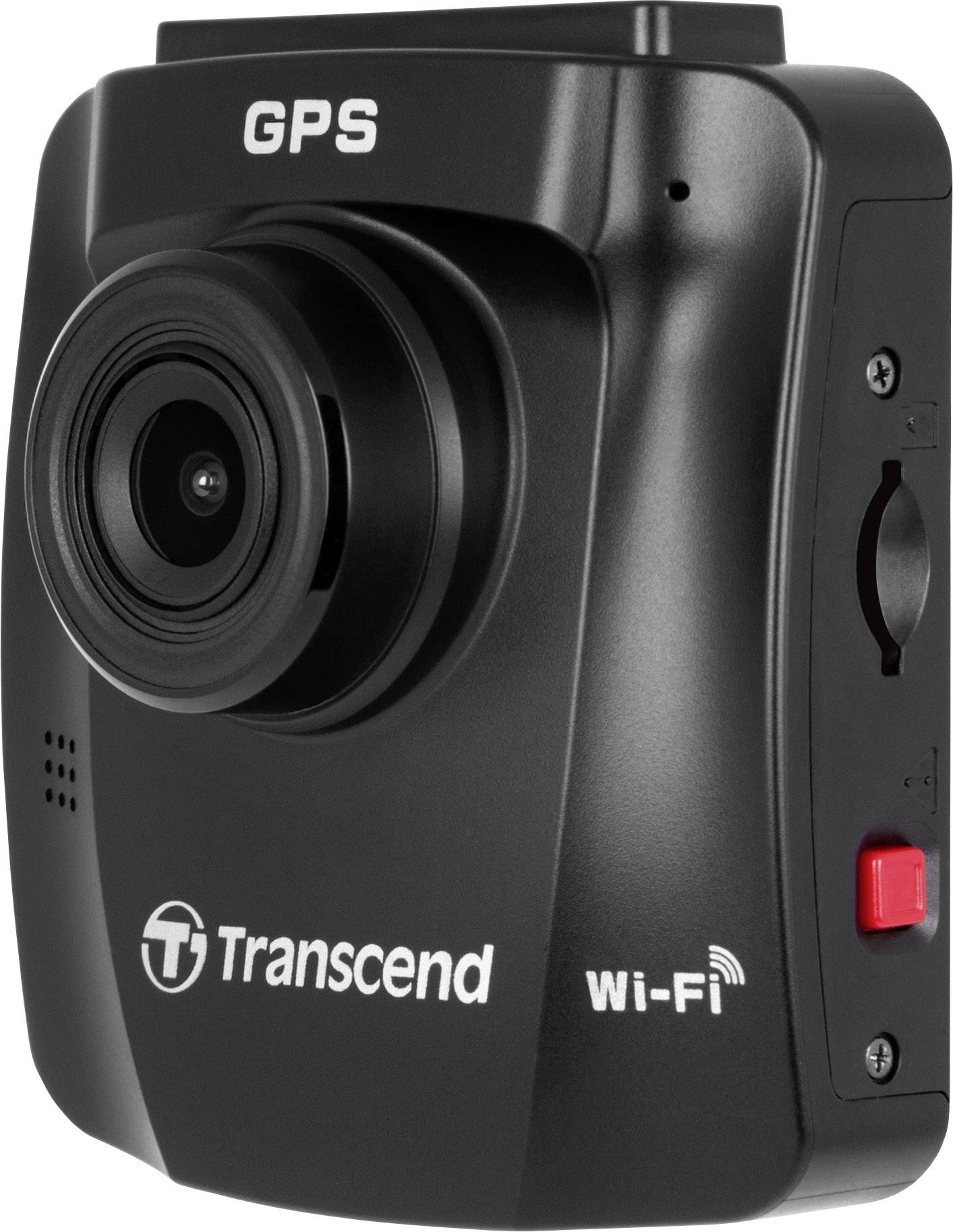 Kompakte Dashcam mit Linse, GPS- und Wi-Fi-Logo, Herstellerlogo 'Transcend' sichtbar. Aufnahmegerät für Fahrzeuge.