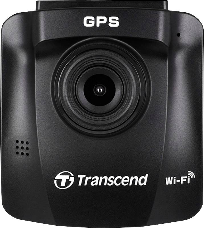 Schwarze Transcend Dashcam mit GPS und Wi-Fi, Vorderansicht.