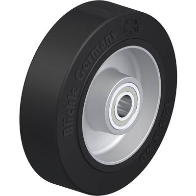 Industrie-Rolle aus schwarzem Kunststoff mit silbernem Metallkern und Inschrift 'Blickle Germany'. Geeignet für leichten Transport.