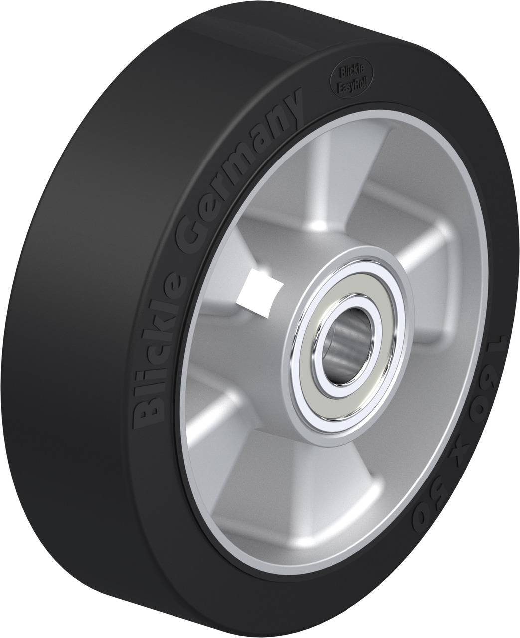 Schwarzes Rad mit silbernem Innenkern und Kugellager, Aufschrift 'Blickle Germany' an der Seite. Geeignet für industrielle Anwendungen.