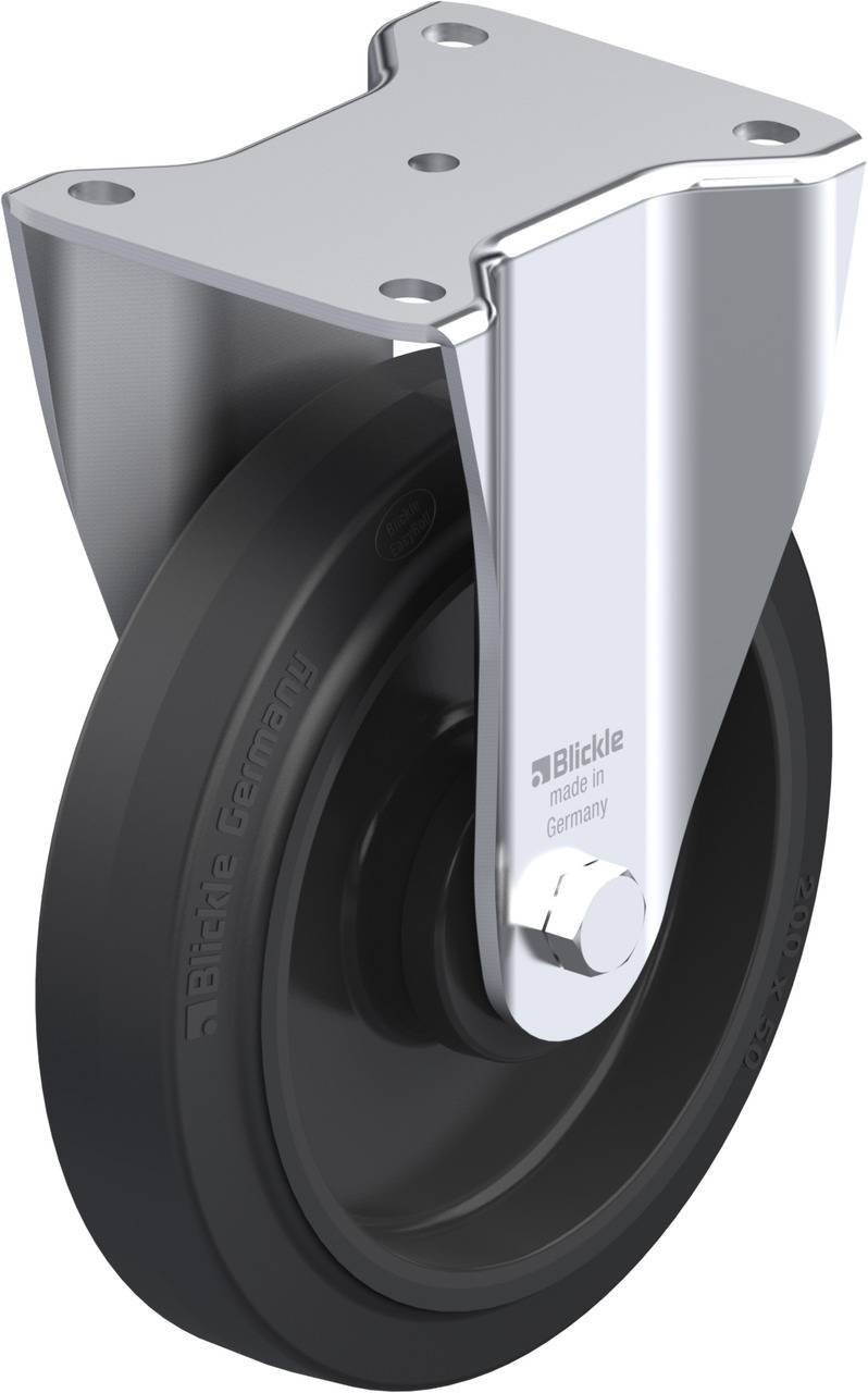 Schwenkrolle mit robustem Metallgehäuse und schwarzem Rad, auf dem 'Blickle Germany' steht. Geeignet für industrielle Anwendungen.