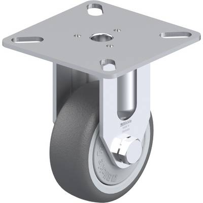 Industrie-Rad mit grauem Gehäuse und schwarzem Rad, montiert auf einer Metallplatte mit vier Befestigungslöchern für den Einsatz an Geräten.