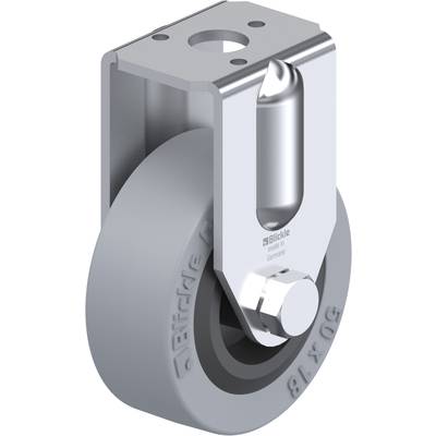Industrie-Lenkrolle aus Metall mit grauem Gummirad, befestigt an einer Halterung. Geeignet für schwere Geräte und Maschinen.