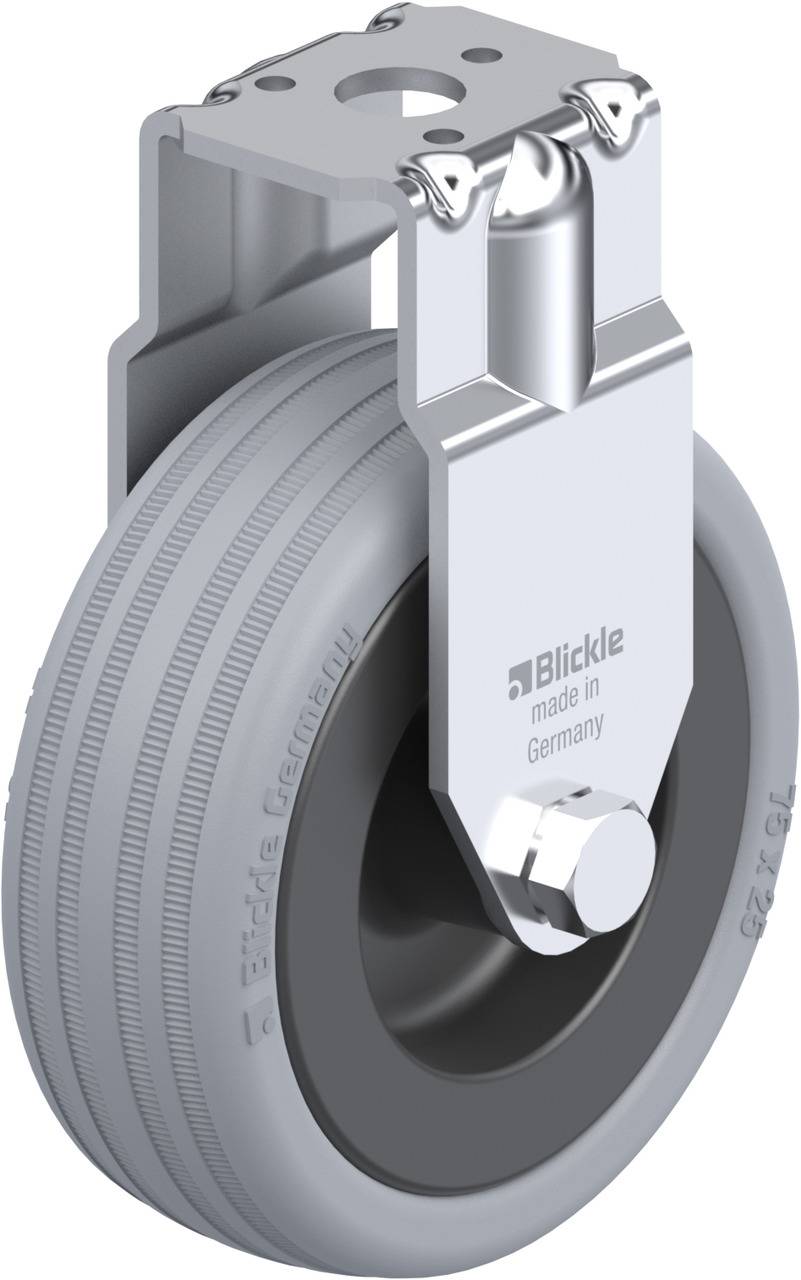 Industrielle Schwerlastrolle mit grauem Rad, robustem Metallgehäuse und Befestigungsplatte. Beschriftung: 'Blickle made in Germany'.