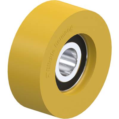 Gelbes Industriekoll, festes Material, glänzende Metallmitte, hergestellt in Deutschland, geeignet für Transportgeräte.