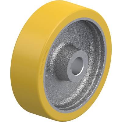 Gelbes Rad aus Metall und Gummi mit einer zentralen Öffnung, vermutlich ein Ersatzteil für eine Maschine oder ein Fahrzeug.