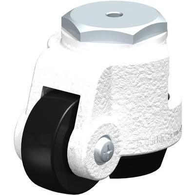 Industrie-Rollenrad in weißem Gehäuse, mit schwarzem Rad und silbernem Bolzen oben; geeignet für schwere Lasten.