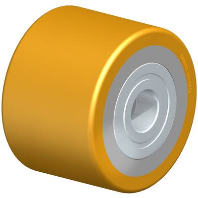 Ein gelbes Rad mit einer silbernen Metallabdeckung, möglicherweise ein Ersatzteil für ein technisches Gerät.