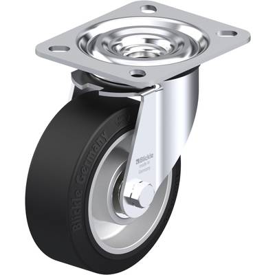 Ein glänzendes Metall-Rollenrad mit schwarzem Gummi, montiert auf einer quadratischen Platte mit Schraubenlöchern zur Befestigung.