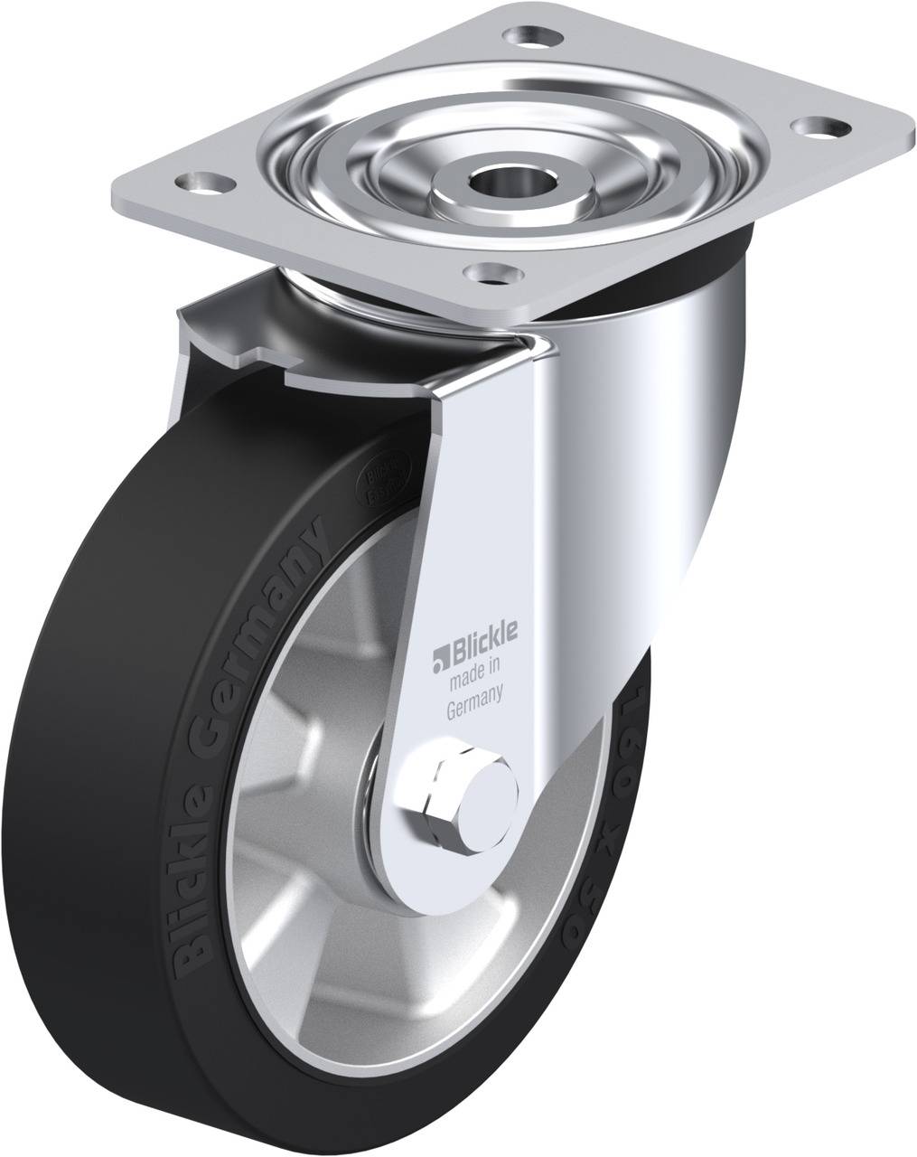 Eine silberne Swivel-Lenkrolle mit schwarzem Rad, geeignet für industrielle Anwendungen. Aufschrift 'Blickle, made in Germany'.