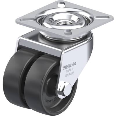 'Lenkrolle aus Metall mit zwei schwarzen Rädern und Befestigungsplatte, Hersteller Blickle, made in Germany.'