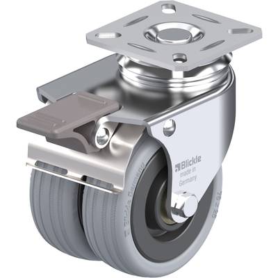 Doppellaufrad-Rolle mit Metallsockel und grauen Gummireifen, geeignet für Möbel- oder Industrieanwendungen.