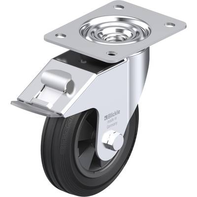 Metallisches Lenkrollenrad mit Befestigungsplatte, geeignet für schwere Lasten. Schwarzer Reifen mit Grauflächen, hergestellt von Bli.