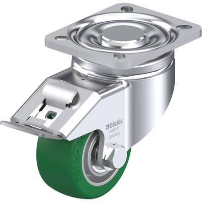 Ein drehbares Bockrad mit grünem Rad und Metallgehäuse, hergestellt von Blickle in Deutschland, zeigt eine robuste Rollenhalterung.