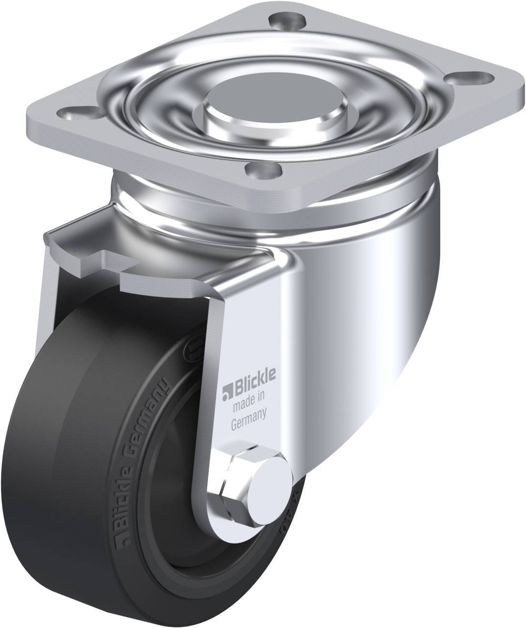 Schwenkrolle aus Metall mit schwarzem Rad und Befestigungsplatte oben. Geeignet für den Einsatz bei Möbeln oder Geräten.