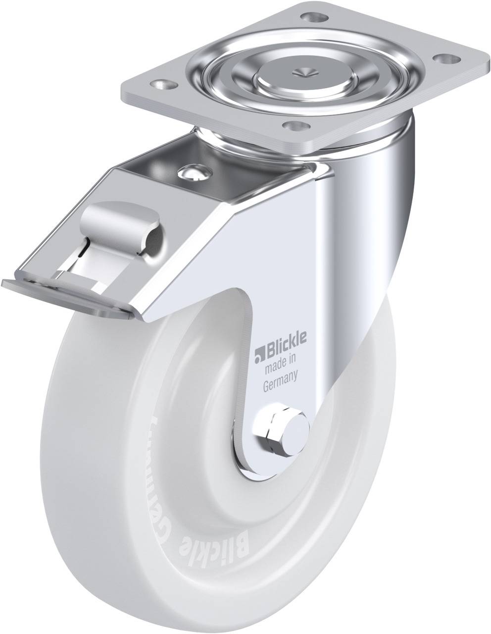 Metallisches Lenkrollenrad mit Befestigungsplatte. Die Radabdeckung ist glänzend, das Rad selbst ist weiß. Made in Germany.