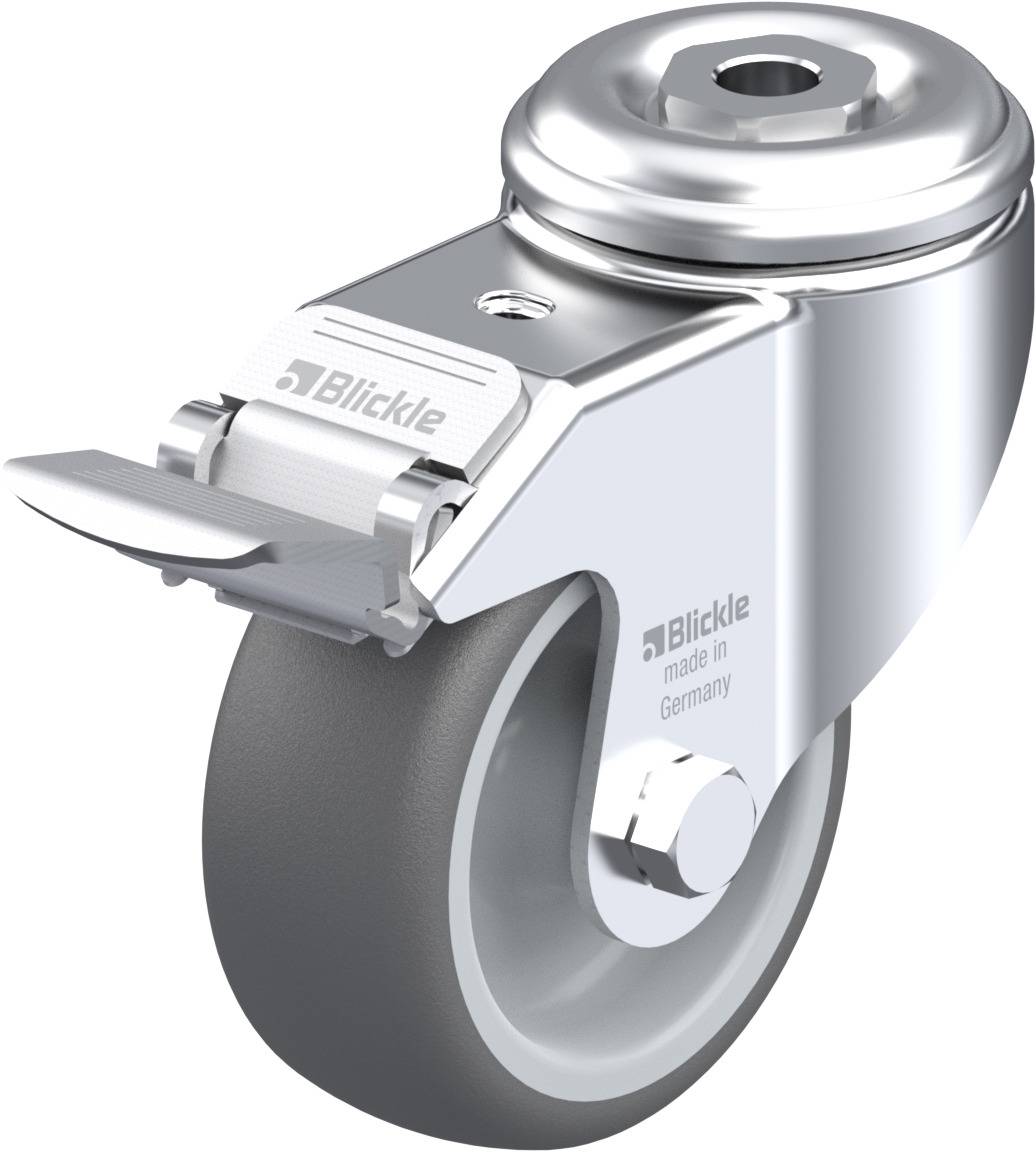 'Drehbare Laufrolle aus Metall mit grauem Gummi. Auf der Halterung steht "Blickle made in Germany".'