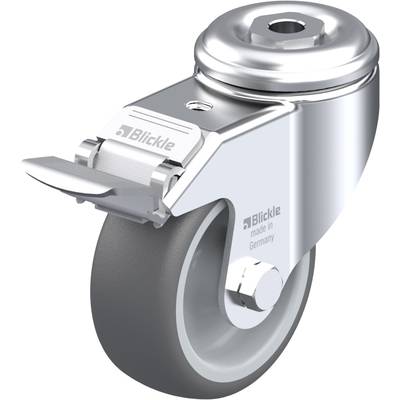 'Drehbare Laufrolle aus Metall mit grauem Gummi. Auf der Halterung steht "Blickle made in Germany".'