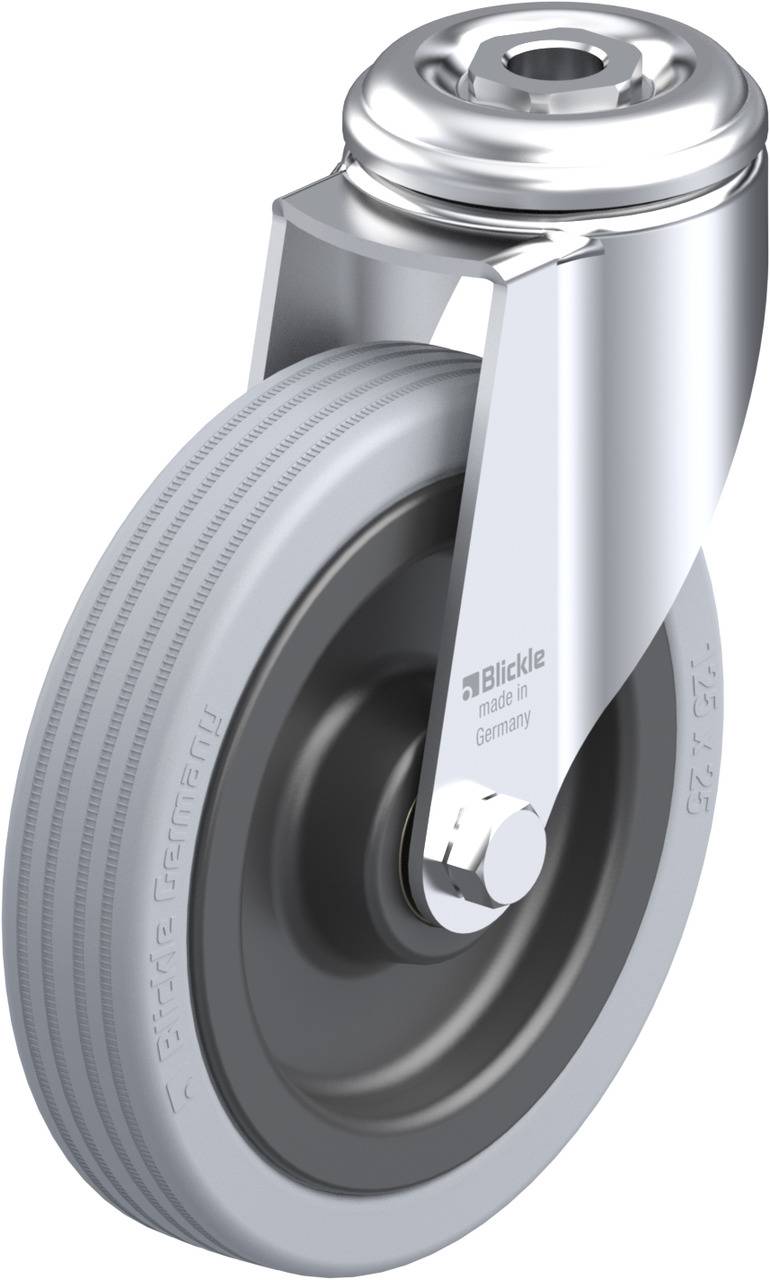 Graue Lenkrolle mit Metallhalterung, Markenlogo auf der Halterung. Geeignet für Industrieanwendungen, ermöglicht leichte Bewegung.