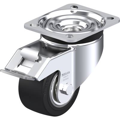 Schwenkrolle aus Metall mit schwarzem Gummi, Befestigungsplatte oben. Markenname und Herkunft auf der Rolle.