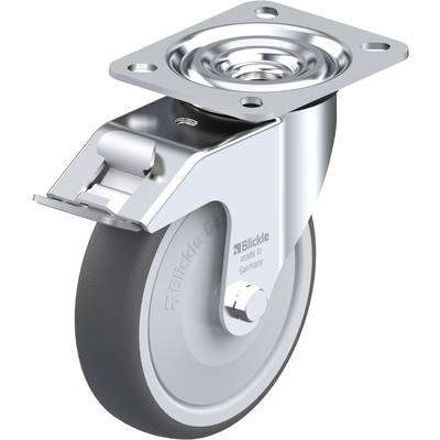 Schwenkrolle aus Metall mit grauem Rad und Halterung, geeignet für industrielle Anwendungen; Aufschrift 'Blickle made in Germany'.