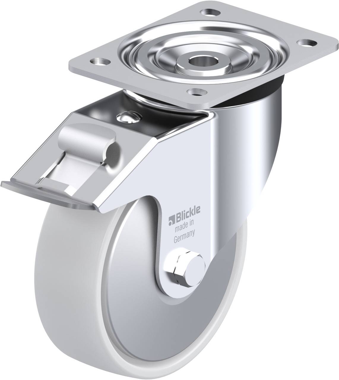 Ein glänzendes Metall-Lenkrolle, markiert mit 'Blickle made in Germany', mit grauem Rad und Befestigungsplatte, vor weißem Hintergrund.