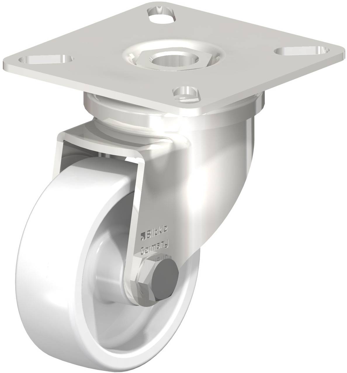 Metallrolle mit weißem Rad, ideal zum Anbringen an Möbeln oder Geräten für leichte Beweglichkeit. Drehbar mit Befestigungsplatte.