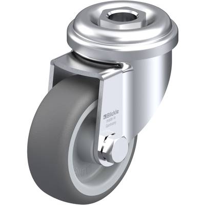 Schwenkrolle mit grauem Rad, Metallgehäuse und Schraubverbindung oben. Markiert mit 'Blickle made in Germany'.