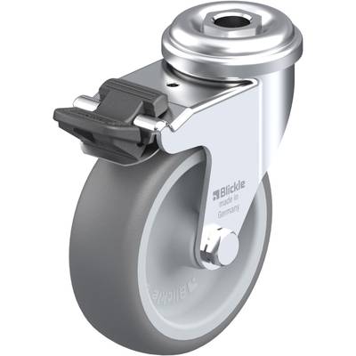 Schwenkrolle mit grauem Rad, silbernem Gehäuse und Bremssystem. Aufschrift auf dem Gehäuse: 'Blickle made in Germany'.
