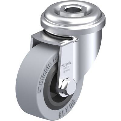Graues Schwenkrollrad aus Metall und Kunststoff mit Prägung 'Blickle Germany' und Schraube oben, zur Befestigung an Geräten.
