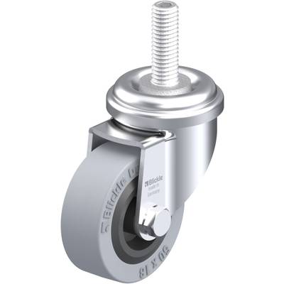 Graue Lenkrolle mit Metallhalterung und Gewindebolzen, beschriftet mit 'Blickle'. Geeignet für Möbel oder Industrieausrüstung.