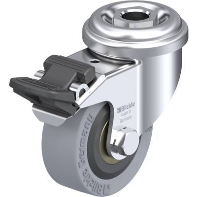 Industrie-Schwenkrolle aus Metall mit grauem Gummirad, seitlicher Bremse und Aufschrift 'Blickle made in Germany'.