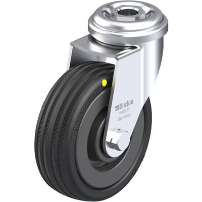 Metallisches Lenkrollengehäuse mit schwarzem Rad, seitlich markiert mit 'Blickle made in Germany'.