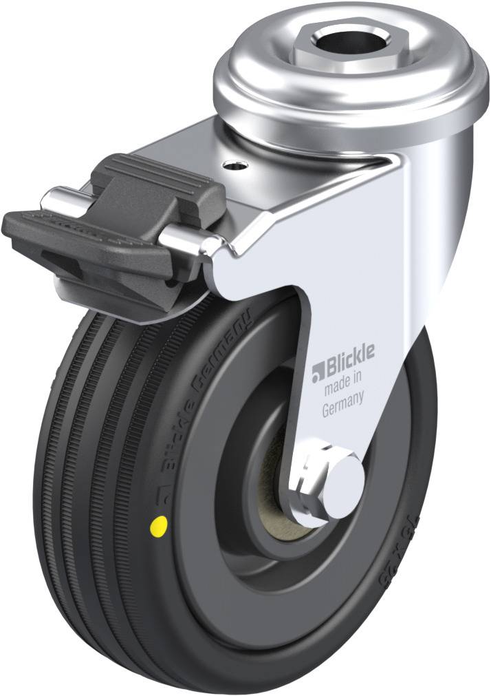 Ein schwarzes, drehbares Rad mit Metallgehäuse und Bremse, von 'Blickle made in Germany', für Transportgeräte.