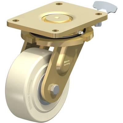 Industrie-Schwenkrolle mit Metallgehäuse und Kunststoffrad, oben eine Metallplatte zum Befestigen, neben einem Metallhebel für Verriegelung.