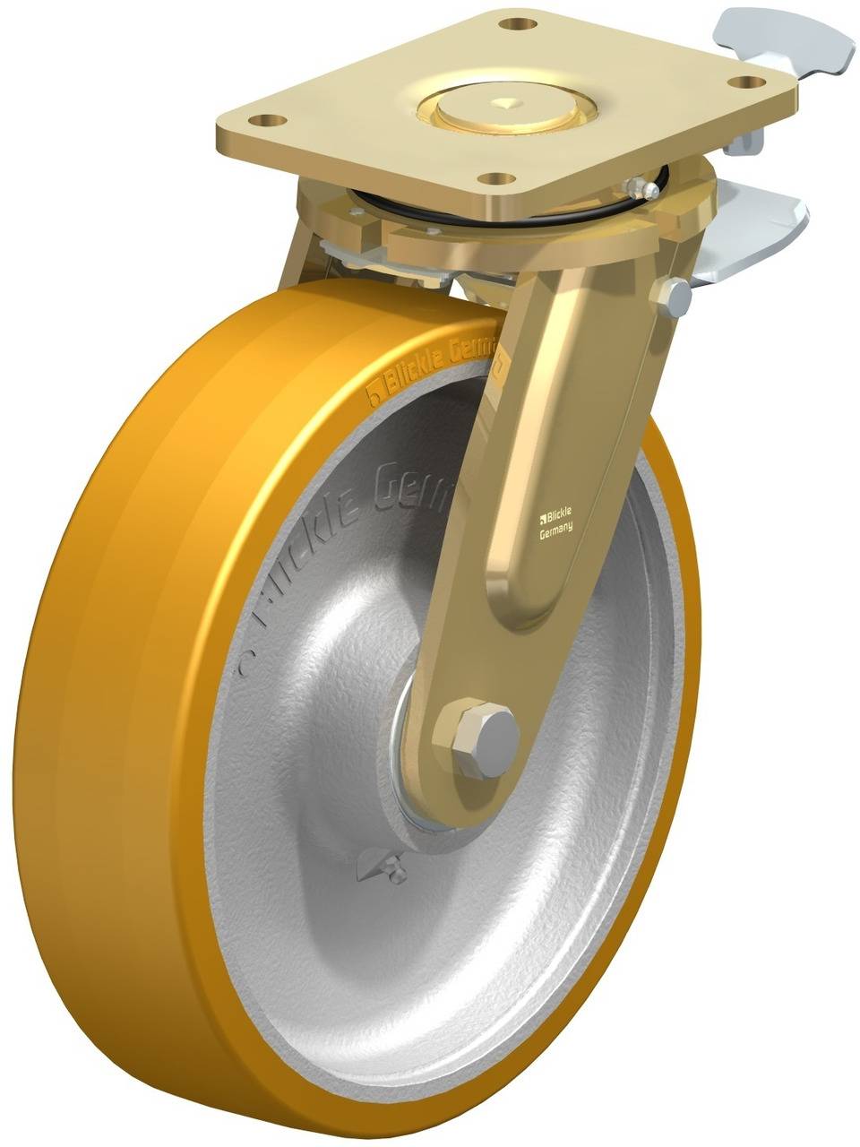 Industrielle Lenkrolle mit gelbem Rad und Metallschwinge, entworfen für schwere Lasten.