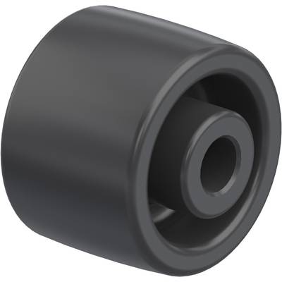 Ein schwarzes Rad mit glatter Oberfläche, das Teil eines größeren Mechanismus oder Fahrzeugs sein könnte. Es hat eine zentrale Öffnung.