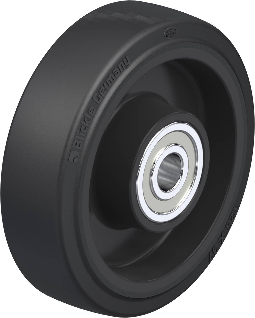 Schwarzes, scheibenförmiges Rad mit silbernem Metallzentrum und Aufschrift 'Blickle Germany' an der Seitenfläche.