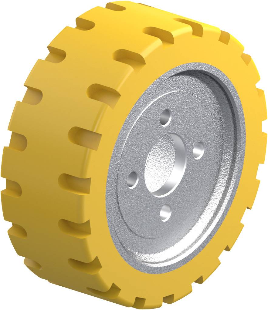 Gelbes Rad mit metallicfarbenem Felgenkern und tiefem Profil. Geeignet für Industriemaschinen oder Schwerlastfahrzeuge.