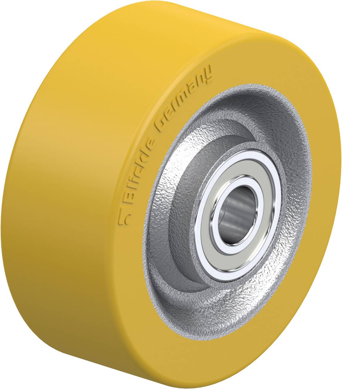Ein gelbes Rad mit kugelgelagertem Kern, verwendet für Rollwagen oder Maschinen.