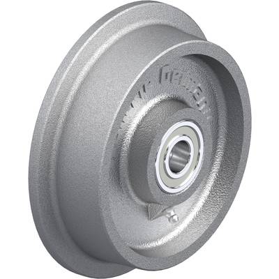 Metallisches Rad mit Lagern, strukturiertem Rand und Prägung auf Oberfläche, möglicherweise Teil eines Schwerlastrollen-Systems.