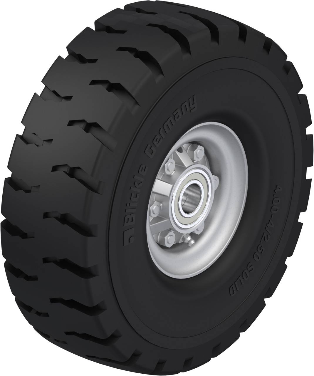 Radialreifen mit robustem Profil, geeignet für schwere Maschinen. Beschriftung auf der Seite: 'Blickle Germany 400 x 125 solid'.