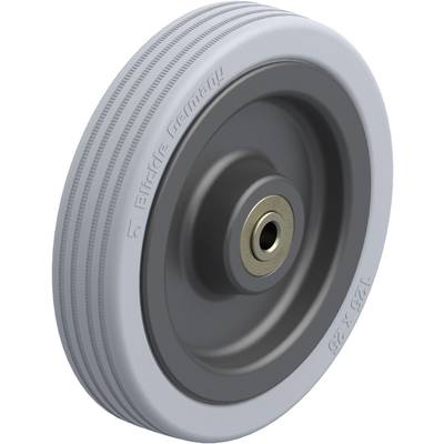 Industrie-Rad aus Metall und Kunststoff mit geriffeltem grauem Reifen und Inschrift 'Erstellt in Germany'. Robustheit betont.