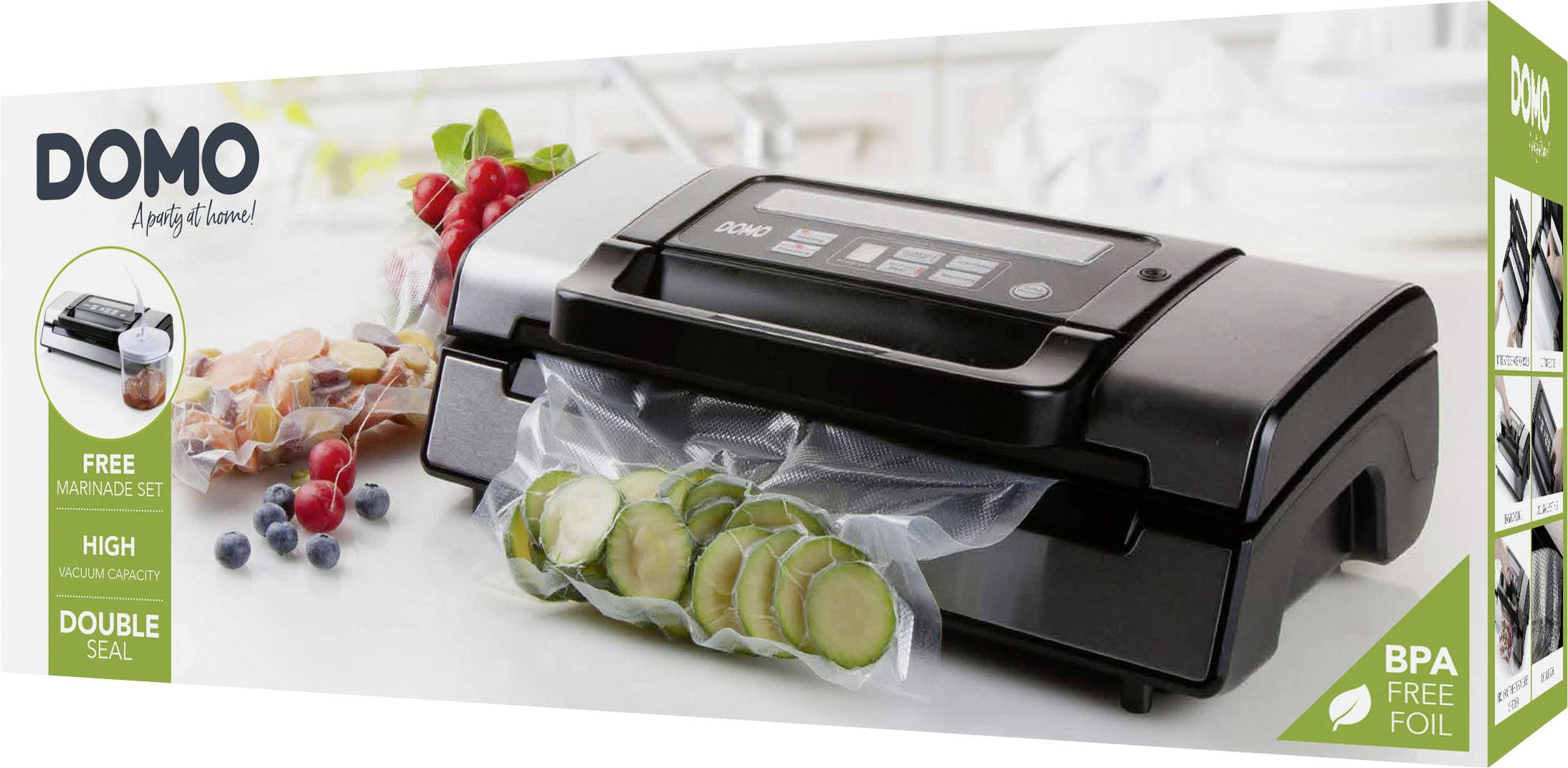 Eine Vakuumiermaschine der Marke Domo, umgegeben von Gemüse wie Gurkenscheiben und Kirschtomaten, auf einer Küchenarbeitsplatte. Auf der Verpackung wird auf BPA-freie Folie hingewiesen.