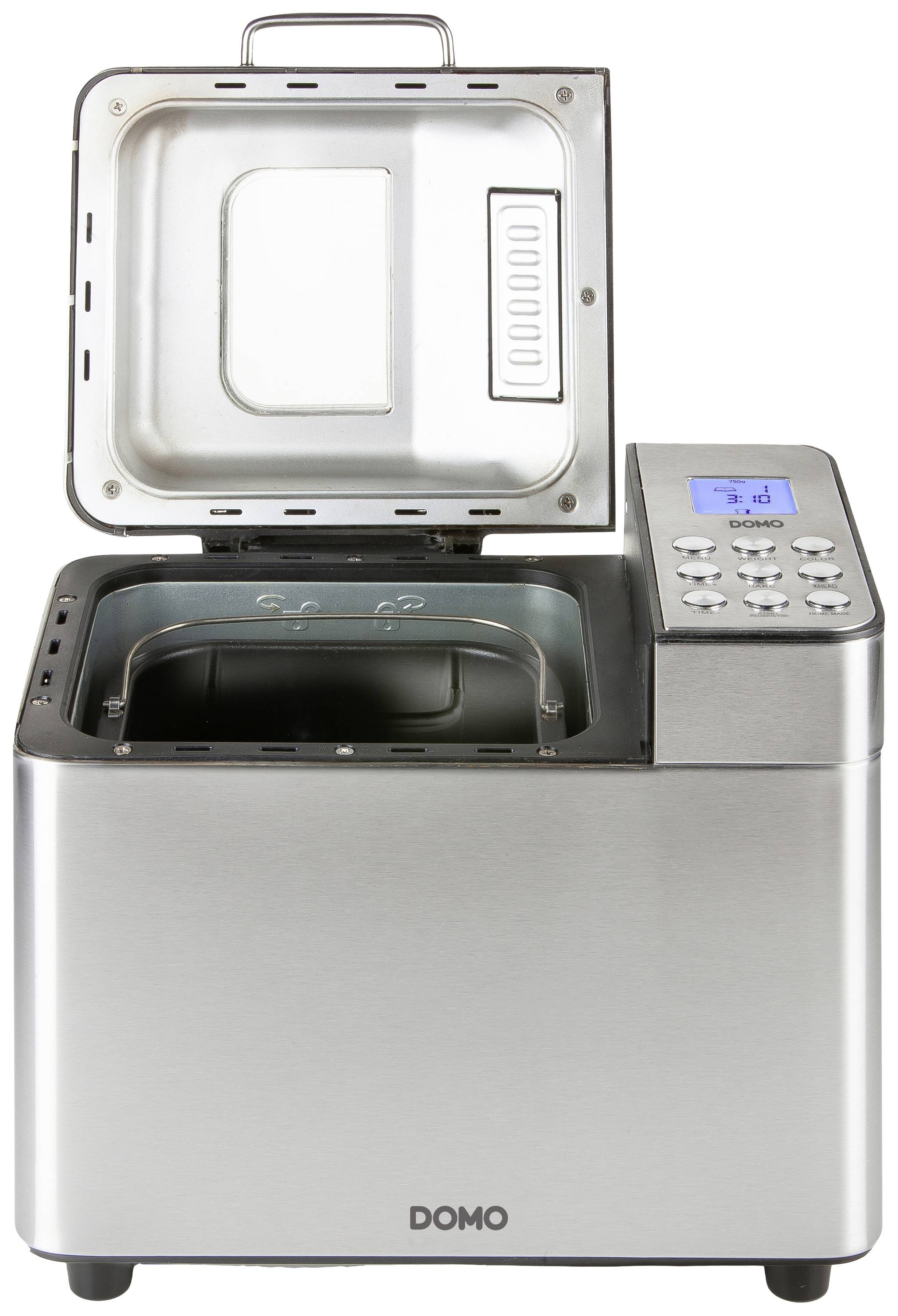 Brotbackautomat aus Edelstahl mit offenem Deckel, sichtbarer Backform und digitalem Display mit Bedientasten rechts.